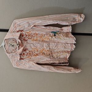 Johnny Was Striped Embroidered Button Down Shirt